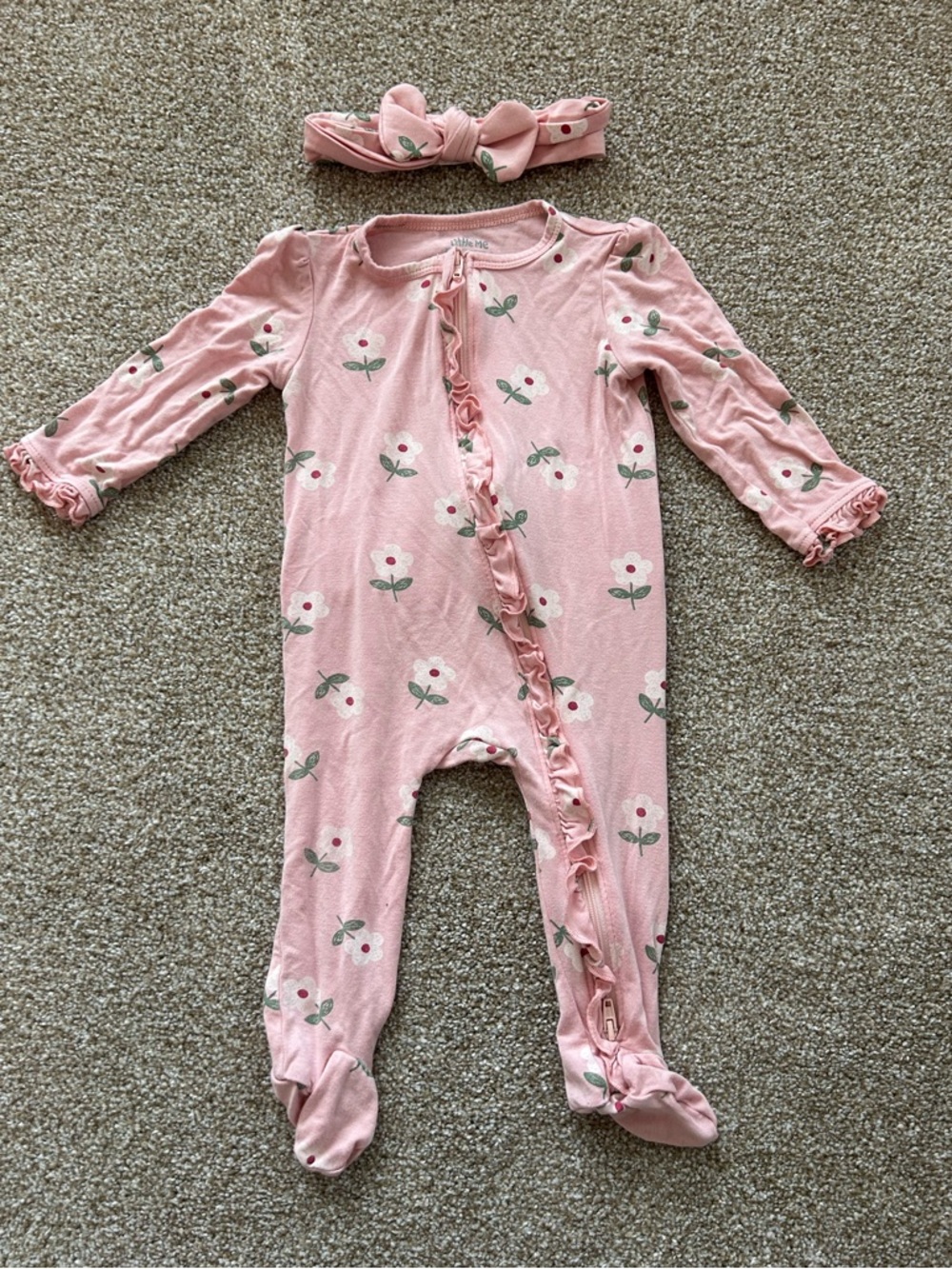 Little Me Pink Floral Ruffle Footed One-Piece with Matching Headband